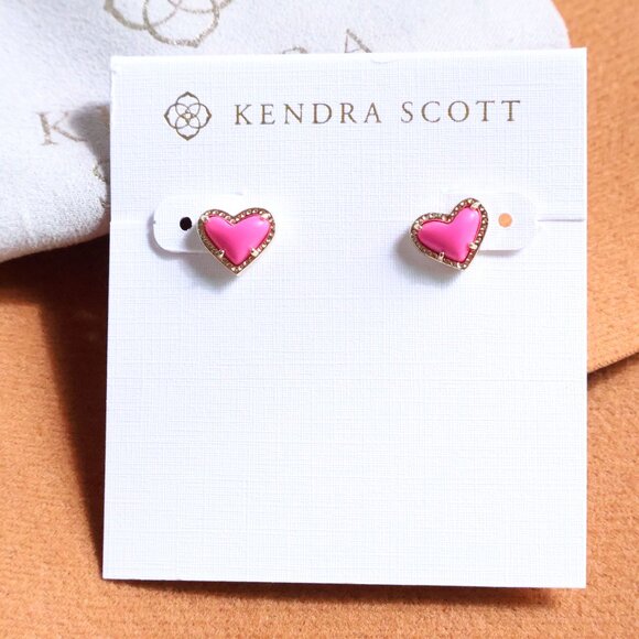 Kendra Scott Ari Heart Neon Pink Stud Earrings Gold - Picture 1 of 2